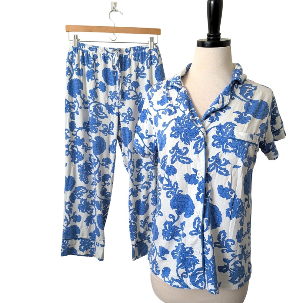The Cat's Pajamas Blue White Floral Pima Cotton Modal Pajama Set Womens Medium